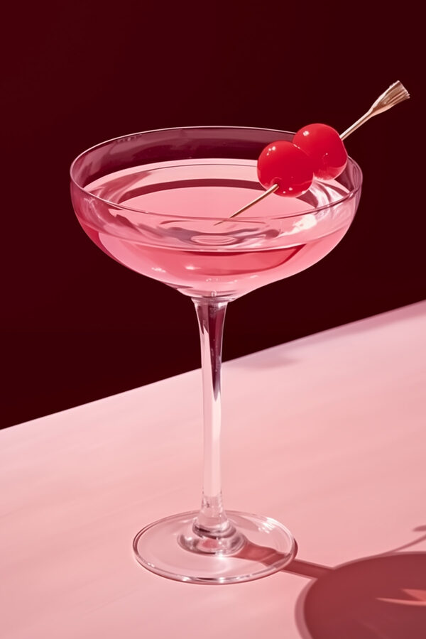 Verre avec un liquide rose et deux cerises dessus Verre avec un liquide rose et deux cerises dessus