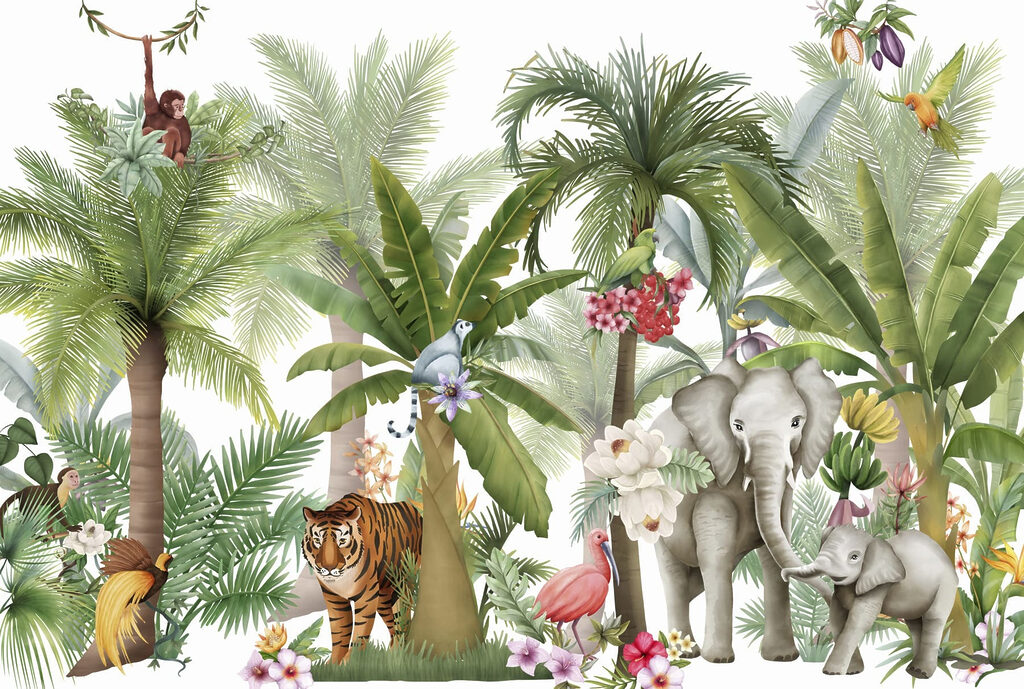 Fond d'écran avec des animaux et des oiseaux dans la jungle Fond d'écran avec des animaux et des oiseaux dans la jungle