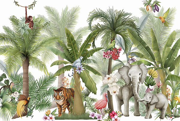 Fond d'écran avec des animaux et des oiseaux dans la jungle Fond d'écran avec des animaux et des oiseaux dans la jungle