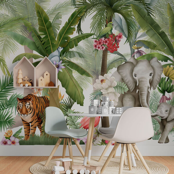 Fond d'écran avec des animaux et des oiseaux dans la jungle Fond d'écran avec des animaux et des oiseaux dans la jungle