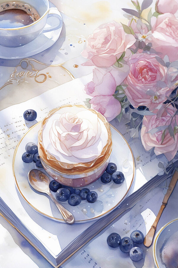 Peinture à l'aquarelle d'un dessert avec une rose sur une assiette avec des myrtilles et une cuillère. Peinture à l'aquarelle d'un dessert avec une rose sur une assiette avec des myrtilles et une cuillère.