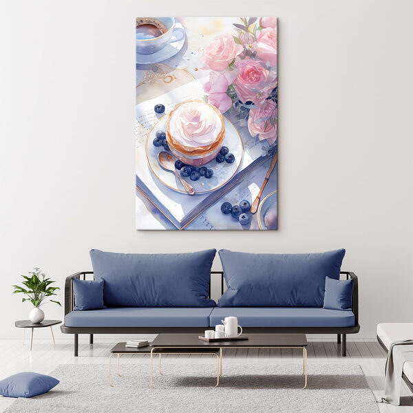 Peinture à l'aquarelle d'un dessert avec une rose sur une assiette avec des myrtilles et une cuillère. Peinture à l'aquarelle d'un dessert avec une rose sur une assiette avec des myrtilles et une cuillère.