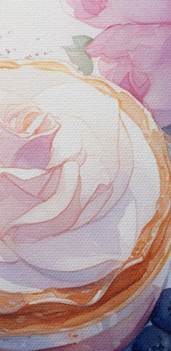 Peinture à l'aquarelle d'un dessert avec une rose sur une assiette avec des myrtilles et une cuillère. Peinture à l'aquarelle d'un dessert avec une rose sur une assiette avec des myrtilles et une cuillère.