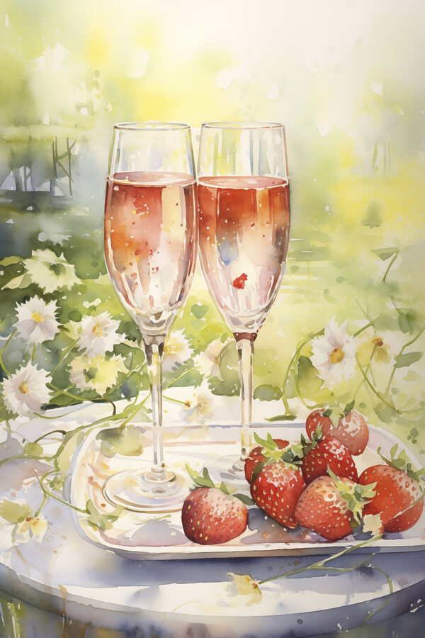 Aquarelle représentant deux coupes de champagne et des fraises sur un plateau Aquarelle représentant deux coupes de champagne et des fraises sur un plateau