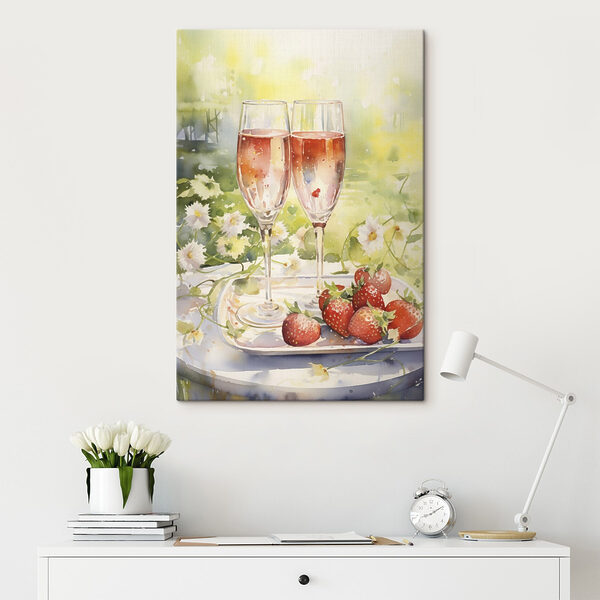 Aquarelle représentant deux coupes de champagne et des fraises sur un plateau Aquarelle représentant deux coupes de champagne et des fraises sur un plateau