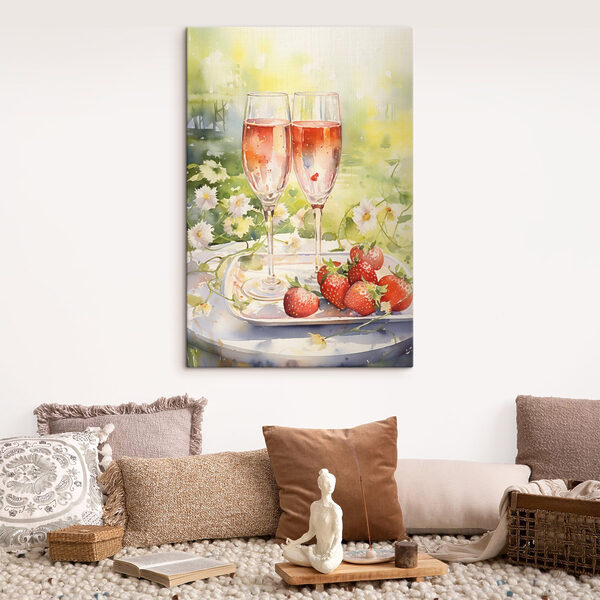 Aquarelle représentant deux coupes de champagne et des fraises sur un plateau Aquarelle représentant deux coupes de champagne et des fraises sur un plateau