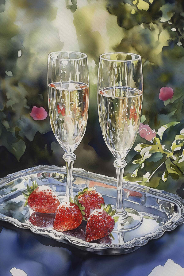 Deux coupes de champagne et des fraises sur un plateau Deux coupes de champagne et des fraises sur un plateau