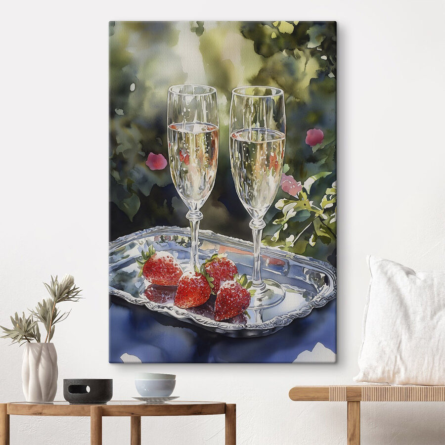 Deux coupes de champagne et des fraises sur un plateau