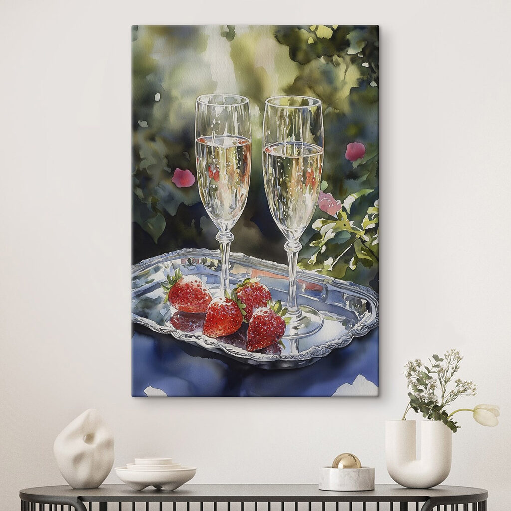 Two glasses of champagne and strawberries on a tray