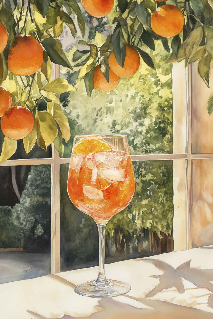 Glass of orange juice with ice and oranges from a window