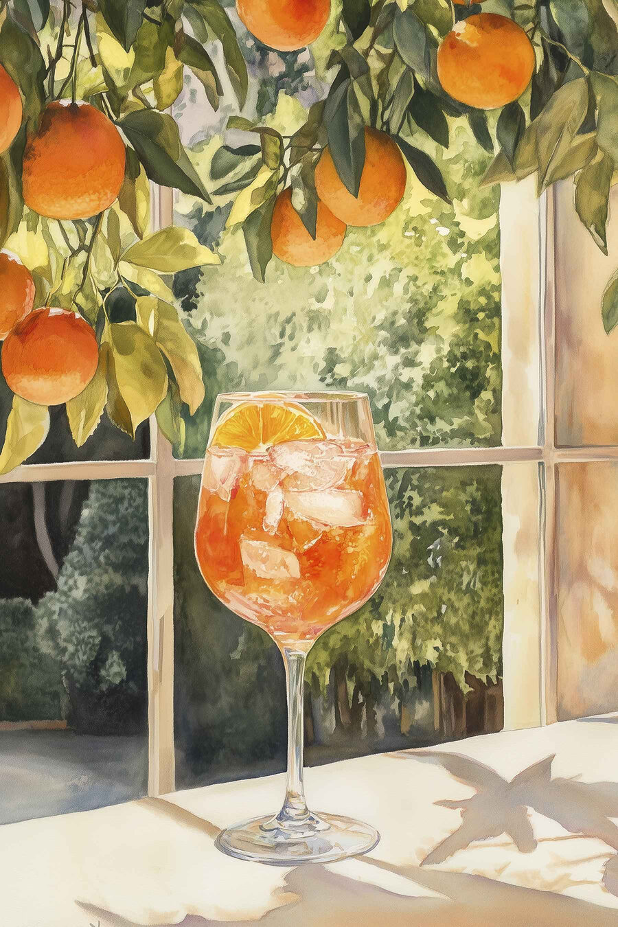 Verre de jus d'orange avec des glaçons et des oranges par la fenêtre