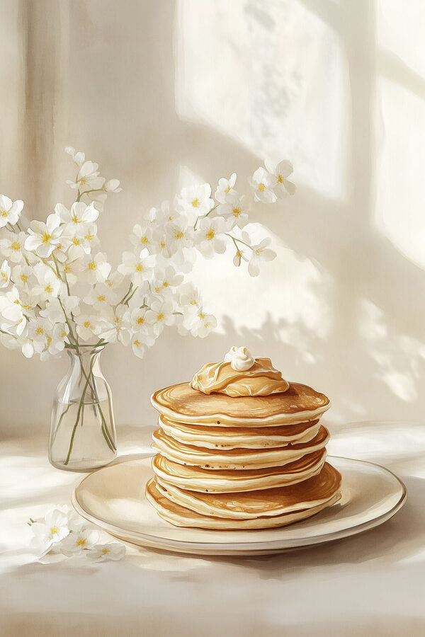 Pile de crêpes sur une assiette à côté d'un vase de fleurs Pile de crêpes sur une assiette à côté d'un vase de fleurs