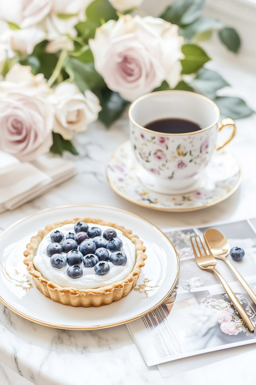 Dessert sur assiette avec une tasse de café et des fleurs Dessert sur assiette avec une tasse de café et des fleurs