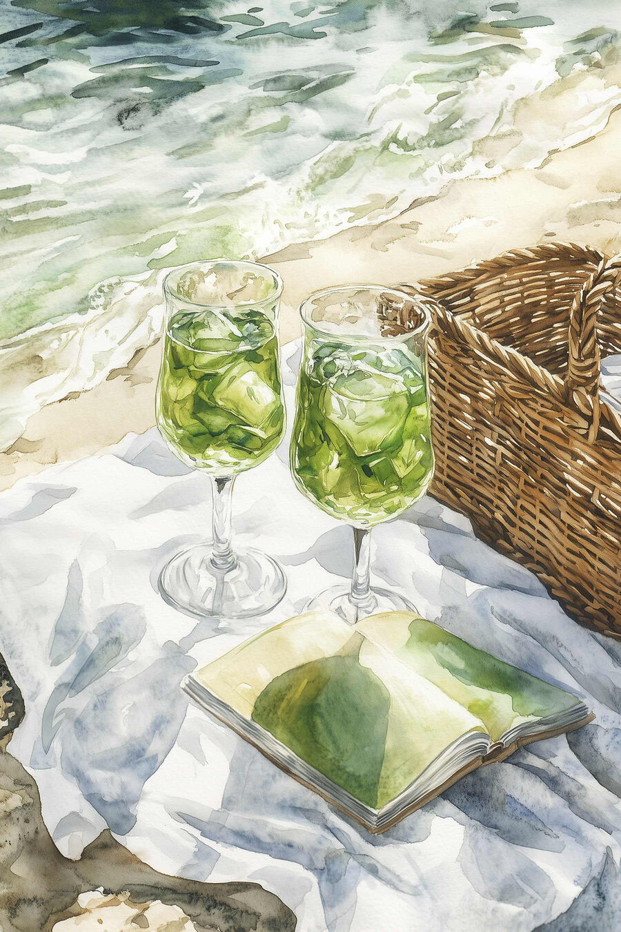 Aquarelle représentant deux verres de vin à côté d'un panier de pique-nique et d'un livre