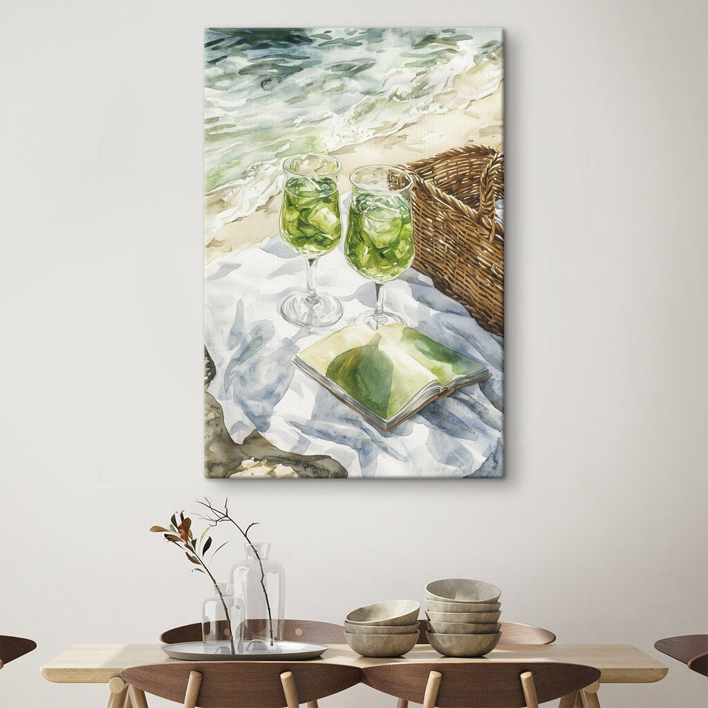 Watercolor of two glasses of wine next to a picnic basket and a book