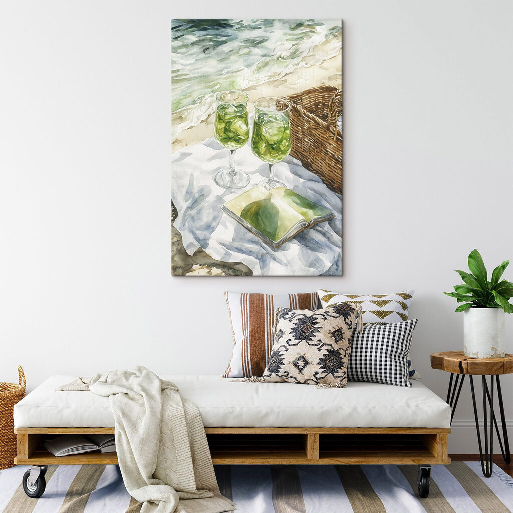 Watercolor of two glasses of wine next to a picnic basket and a book