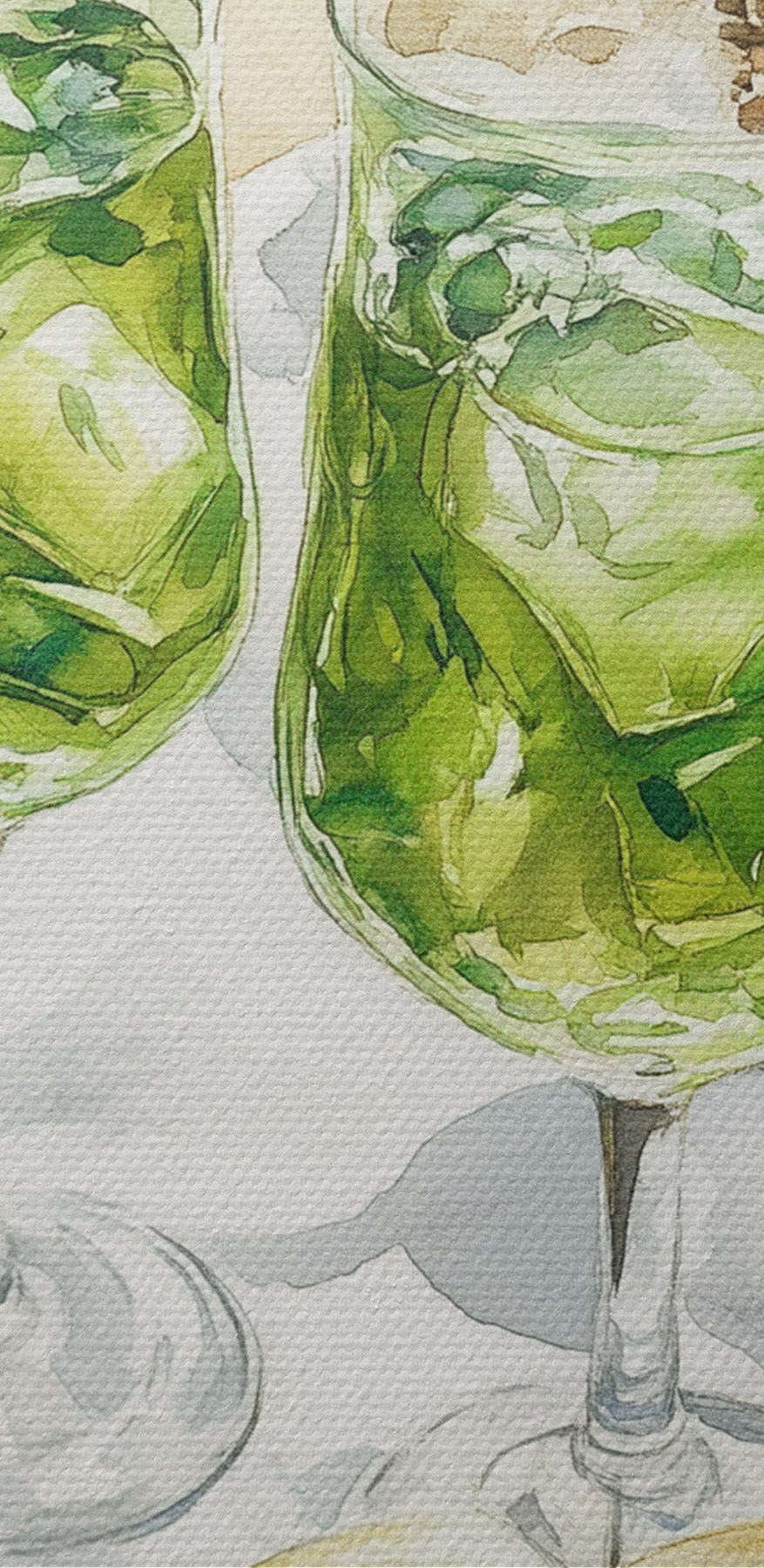 Aquarelle représentant deux verres de vin à côté d'un panier de pique-nique et d'un livre