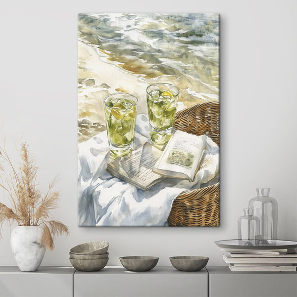 Aquarelle représentant deux verres de thé glacé et un livre sur une couverture sur la plage Aquarelle représentant deux verres de thé glacé et un livre sur une couverture sur la plage