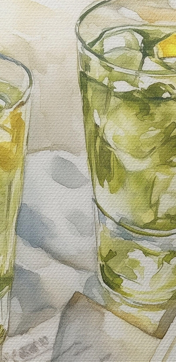 Aquarelle représentant deux verres de thé glacé et un livre sur une couverture sur la plage Aquarelle représentant deux verres de thé glacé et un livre sur une couverture sur la plage