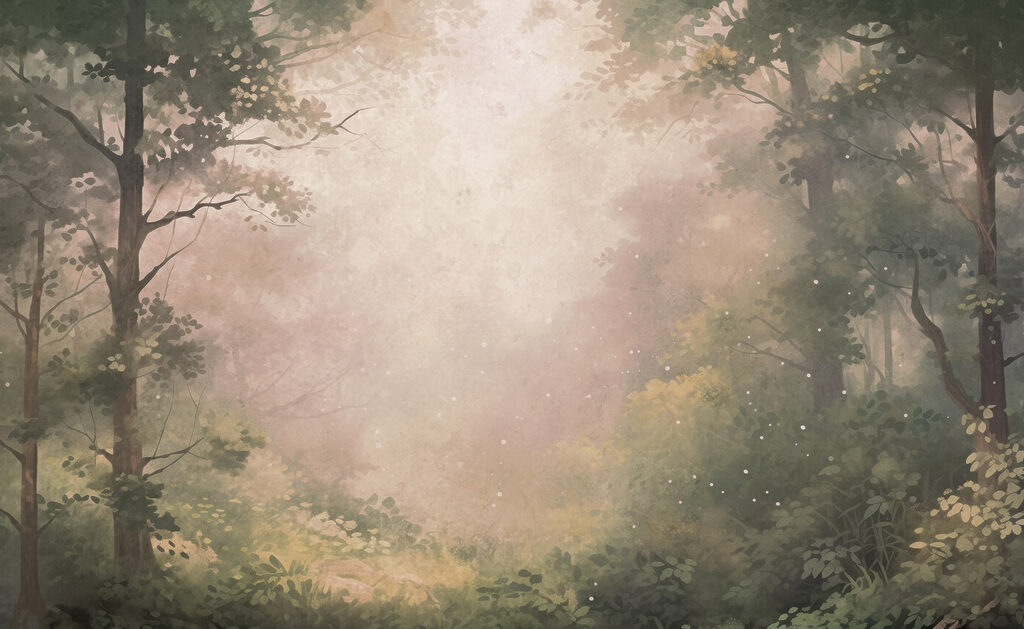 Forêt brumeuse avec arbres et plantes Forêt brumeuse avec arbres et plantes