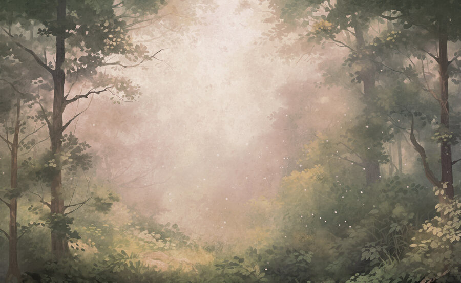 Forêt brumeuse avec arbres et plantes Forêt brumeuse avec arbres et plantes