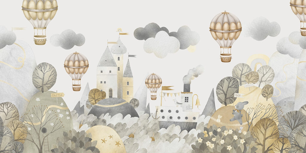 Peinture à l'aquarelle d'un château et de montgolfières Peinture à l'aquarelle d'un château et de montgolfières