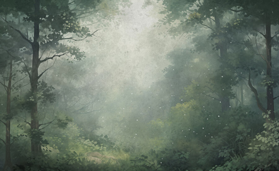 Forêt brumeuse avec arbres et plantes