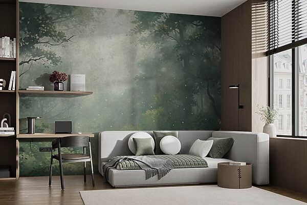Forêt brumeuse avec arbres et plantes Forêt brumeuse avec arbres et plantes