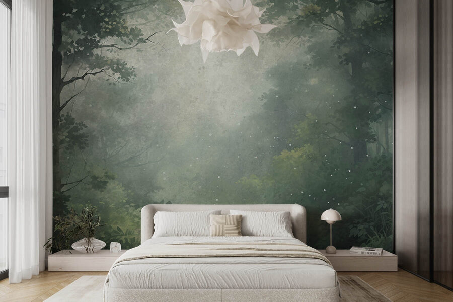 Forêt brumeuse avec arbres et plantes