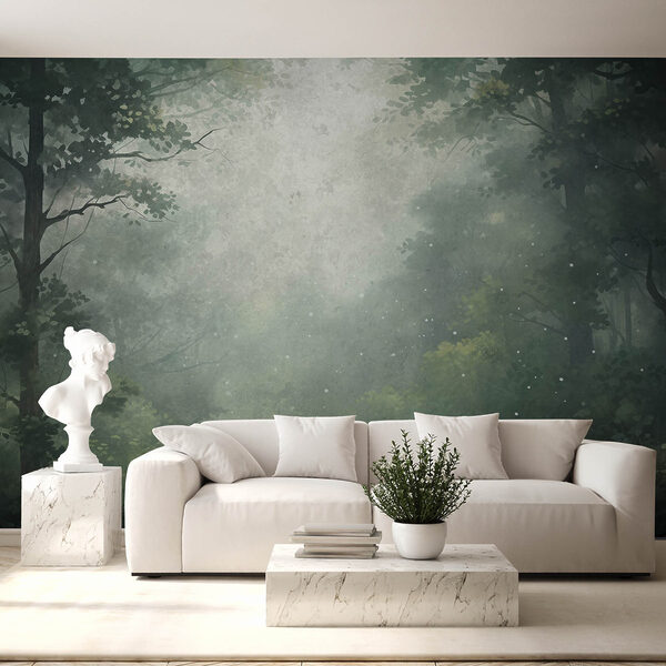 Forêt brumeuse avec arbres et plantes Forêt brumeuse avec arbres et plantes