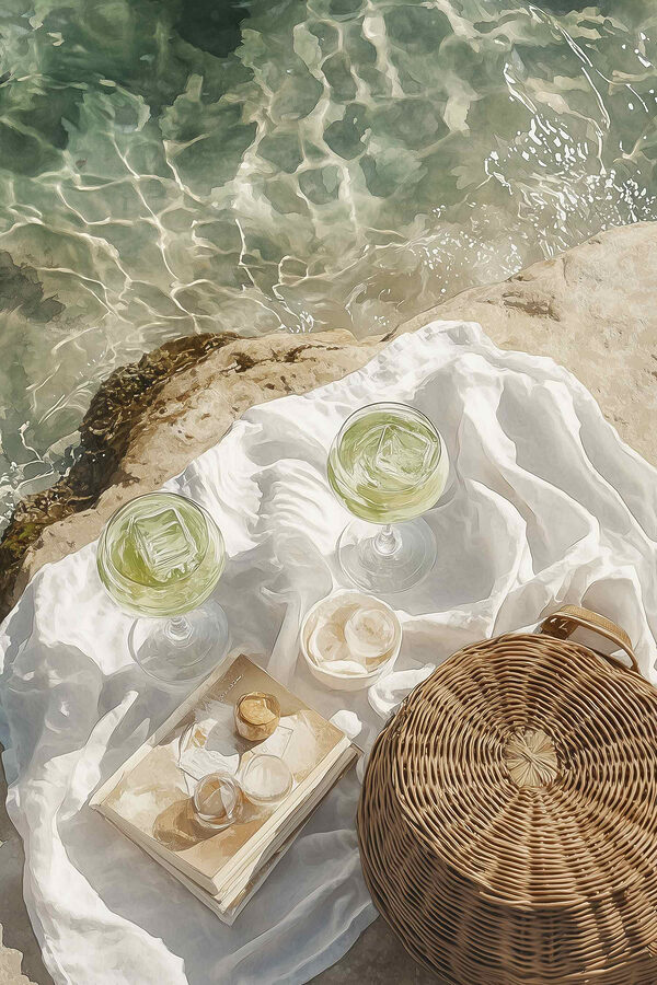 Picnic basket and glasses of wine on a rock by water Picnic basket and glasses of wine on a rock by water
