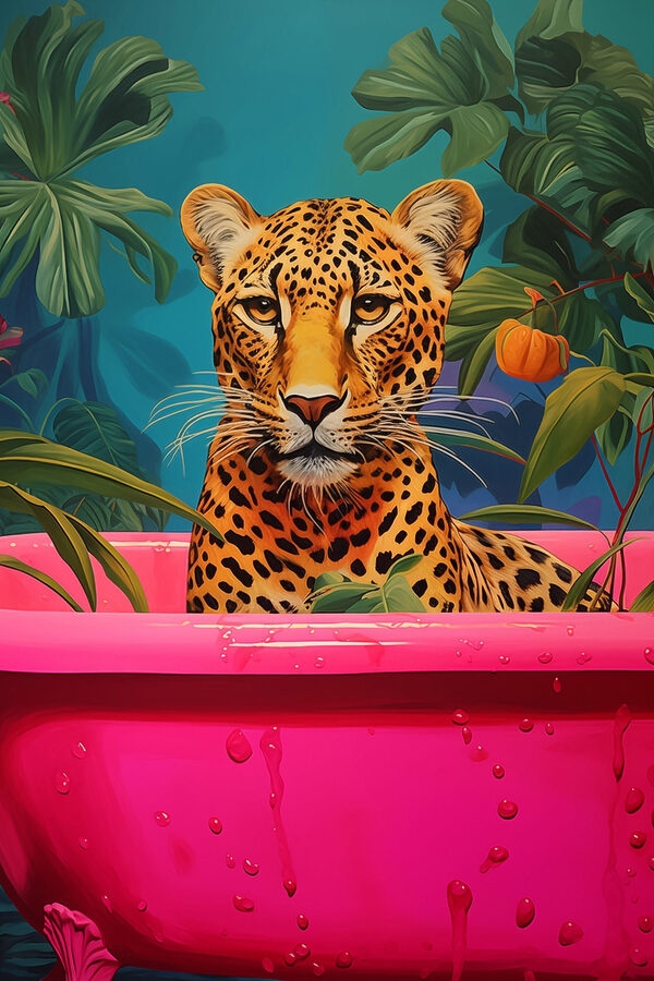 Guépard dans une baignoire rose avec des plantes Guépard dans une baignoire rose avec des plantes