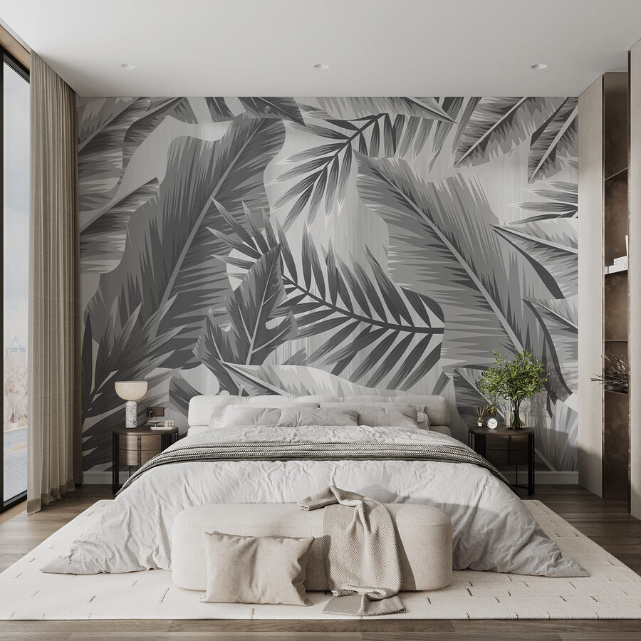 Motif de feuilles en gris et blanc