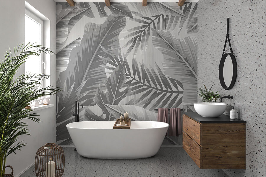 Motif de feuilles en gris et blanc