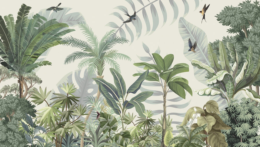 Papier peint avec des plantes tropicales et des oiseaux
