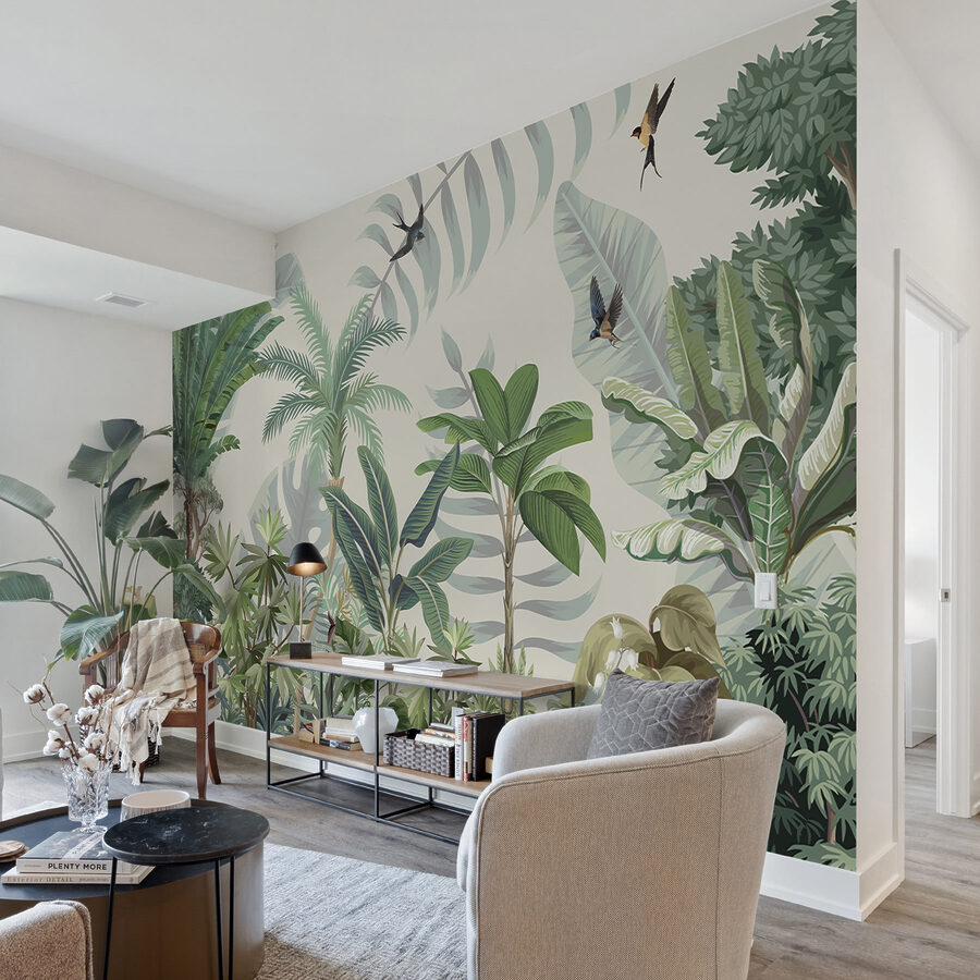 Papier peint avec des plantes tropicales et des oiseaux