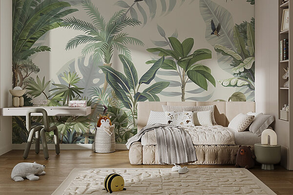 Papier peint avec des plantes tropicales et des oiseaux Papier peint avec des plantes tropicales et des oiseaux