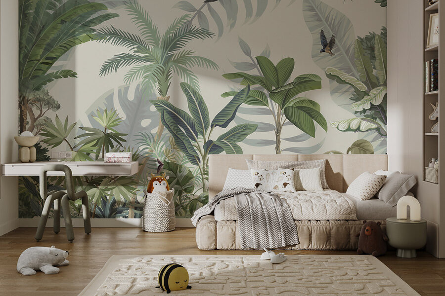 Papier peint avec des plantes tropicales et des oiseaux
