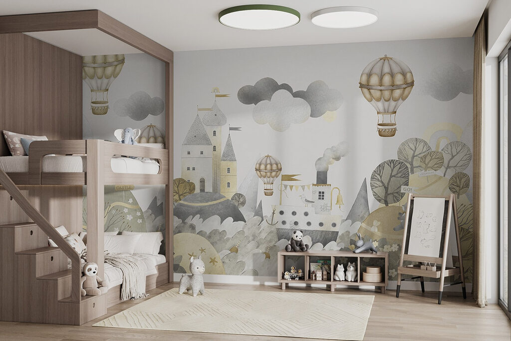 Watercolor painting of a castle and hot air balloons