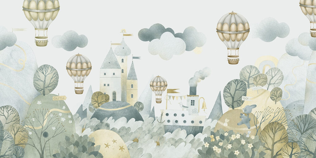Peinture à l'aquarelle d'un château et de montgolfières Peinture à l'aquarelle d'un château et de montgolfières