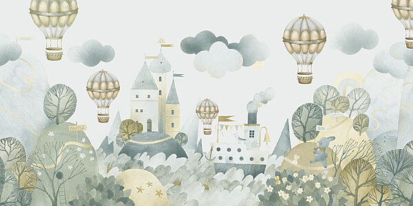 Peinture à l'aquarelle d'un château et de montgolfières Peinture à l'aquarelle d'un château et de montgolfières