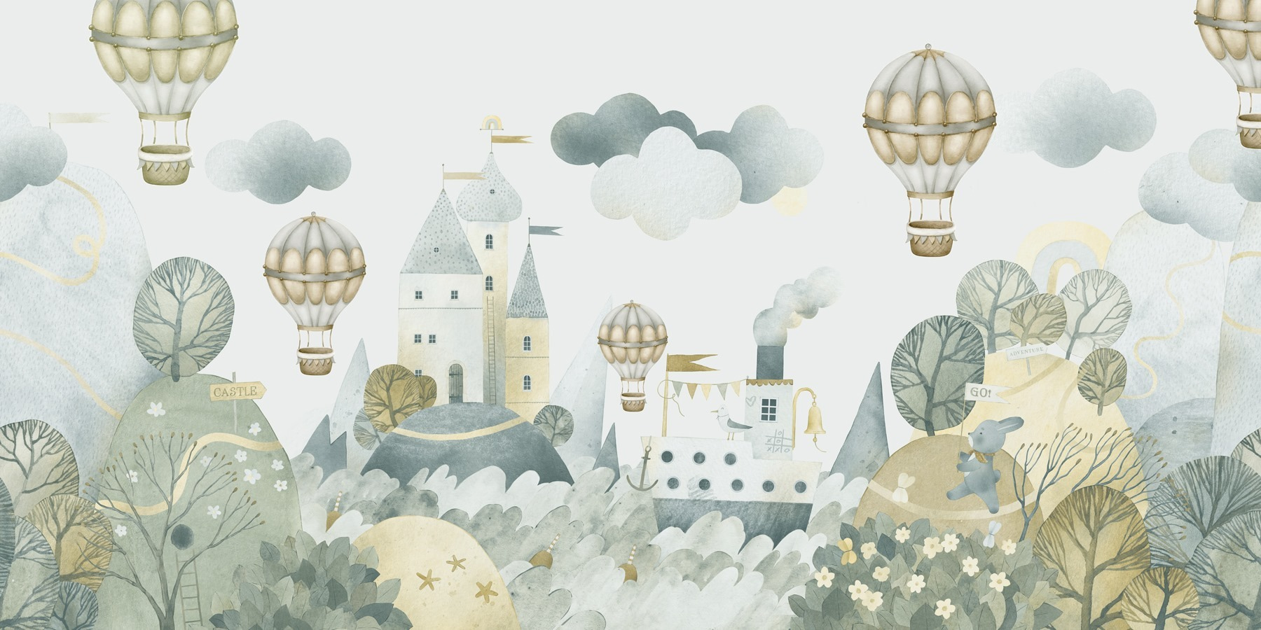Watercolor painting of a castle and hot air balloons
