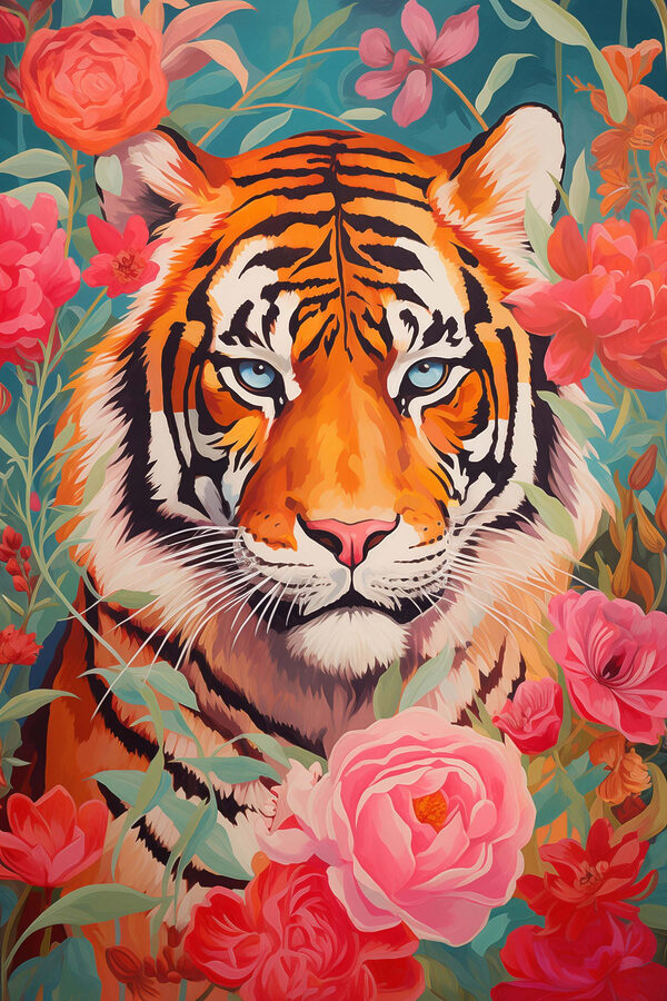Peinture d'un tigre entouré de fleurs Peinture d'un tigre entouré de fleurs