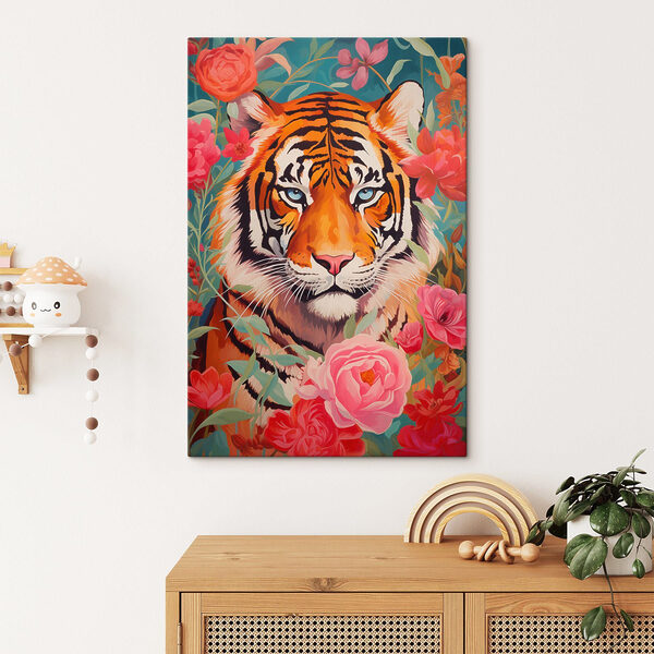 Peinture d'un tigre entouré de fleurs Peinture d'un tigre entouré de fleurs