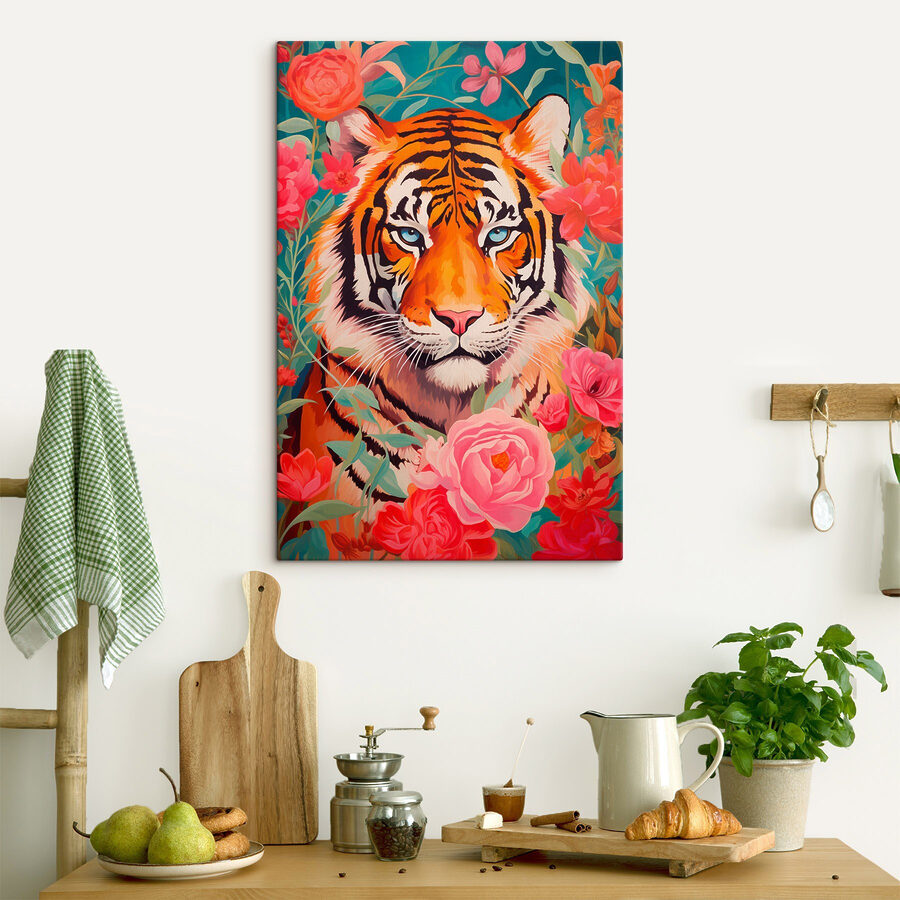Peinture d'un tigre entouré de fleurs Peinture d'un tigre entouré de fleurs