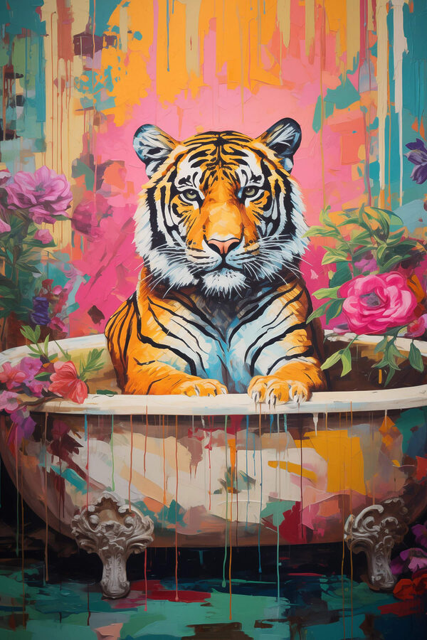 Peinture d'un tigre dans une baignoire fleurie Peinture d'un tigre dans une baignoire fleurie