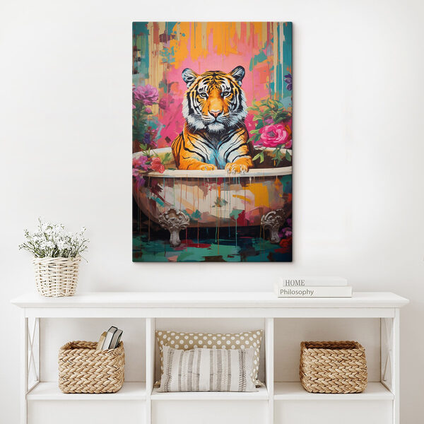 Peinture d'un tigre dans une baignoire fleurie Peinture d'un tigre dans une baignoire fleurie