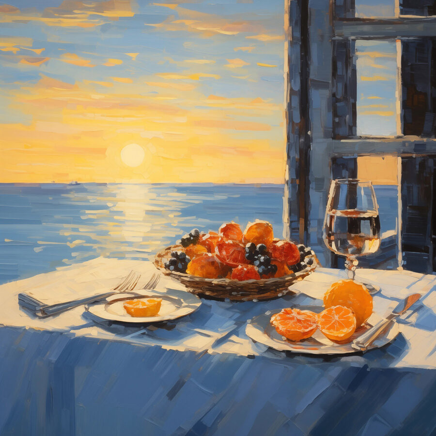 Peinture d'une corbeille de fruits sur une table avec un verre de vin