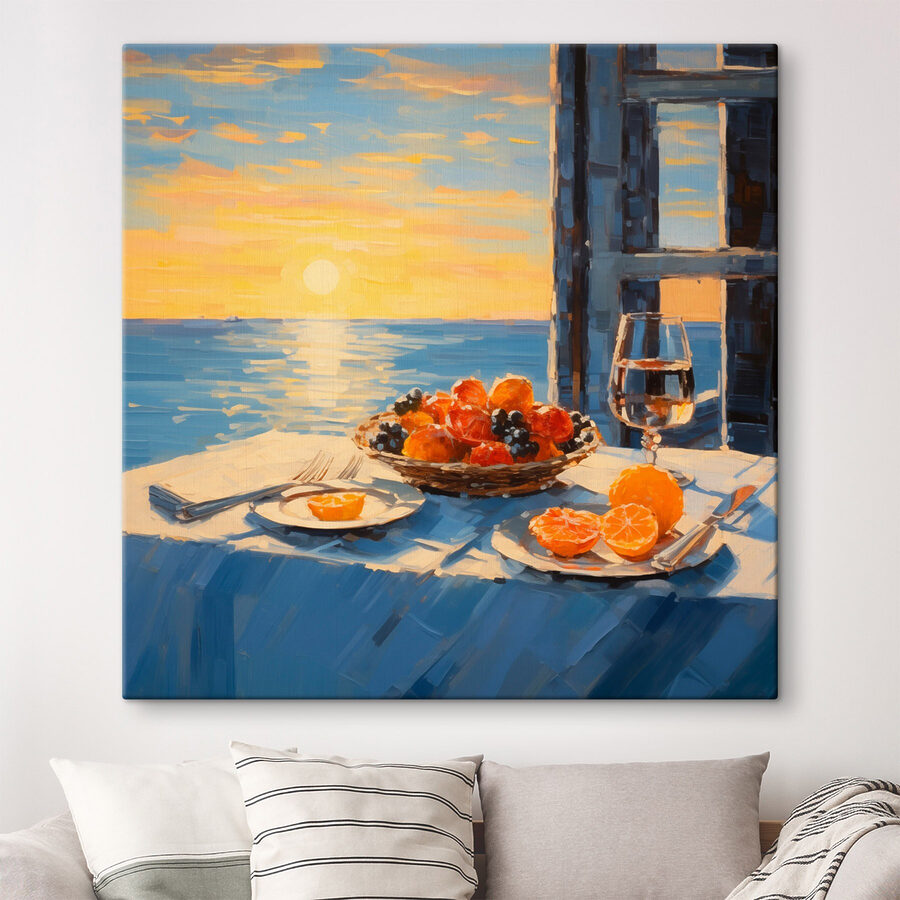 Peinture d'une corbeille de fruits sur une table avec un verre de vin