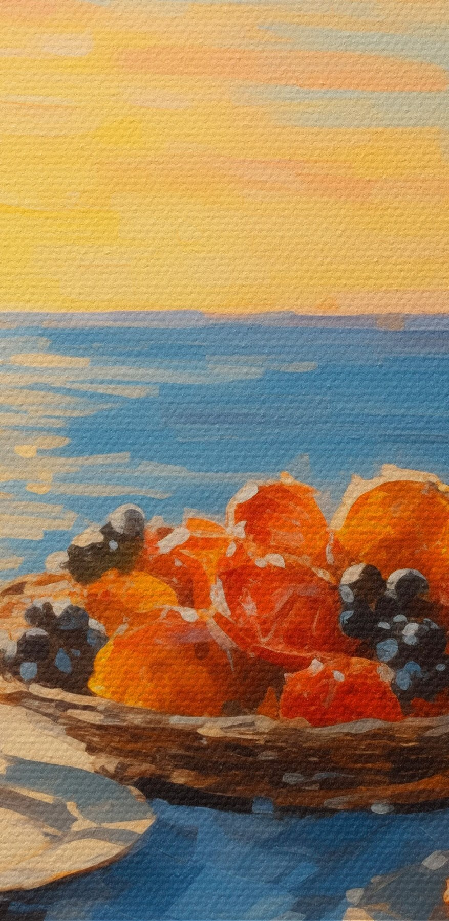 Peinture d'une corbeille de fruits sur une table avec un verre de vin